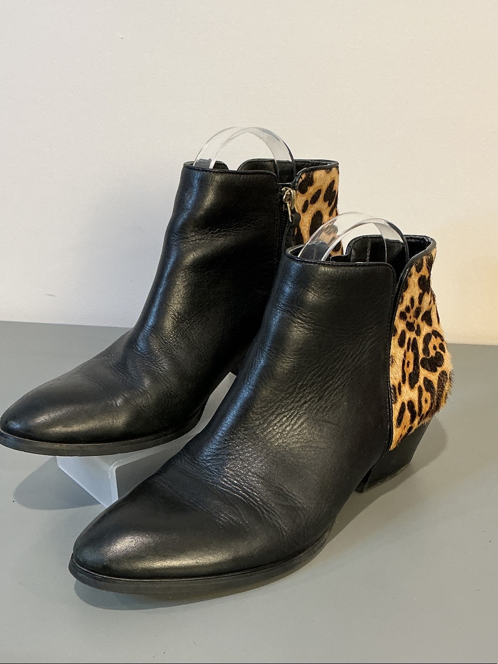 Franco Sarto Quasar Black Ankle Boots with Leopard Heel Panel, size 8